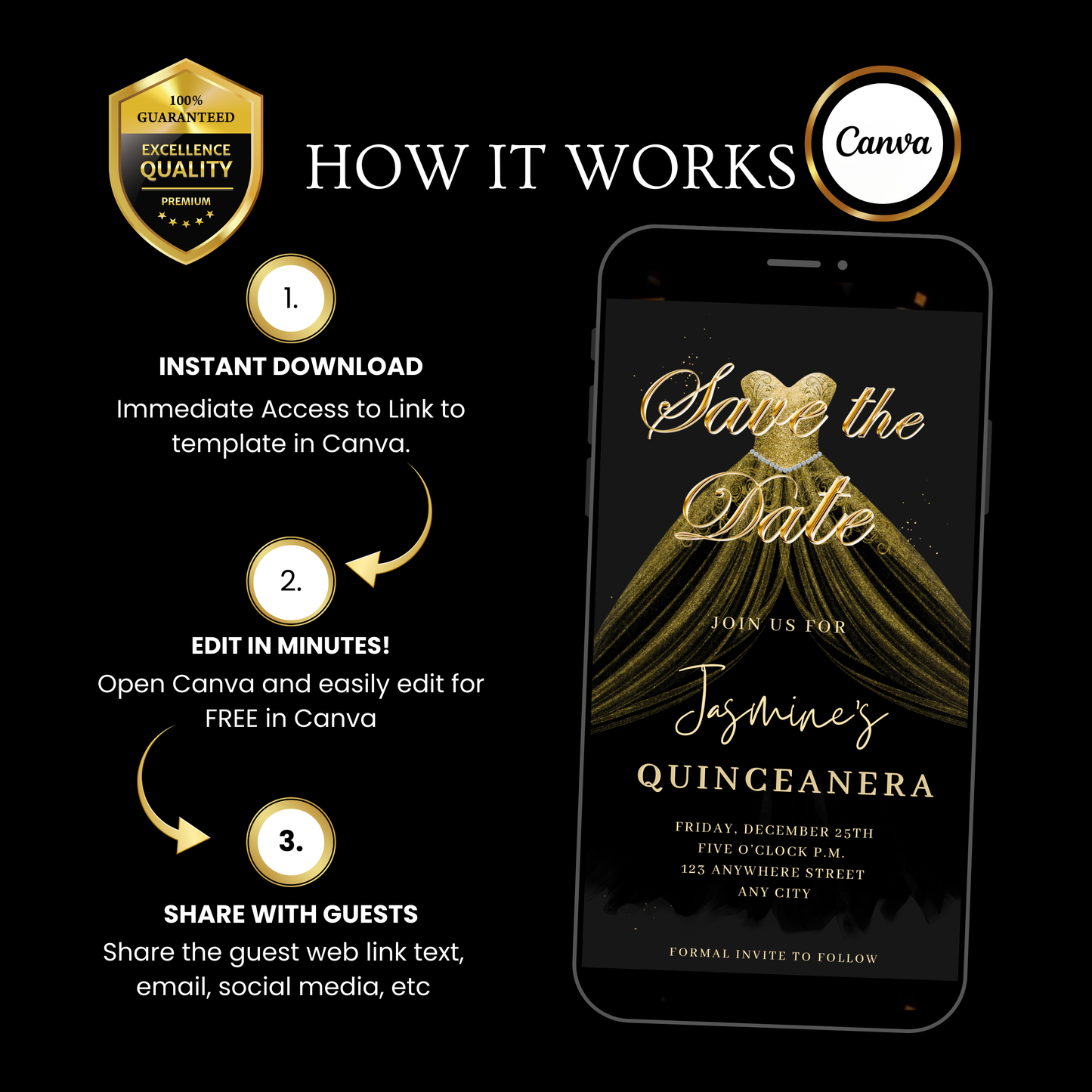 Gold Quinceañera Video Invite | Sweet 15 16 Quince RSVP Tracker | Editable Canva Evite Template