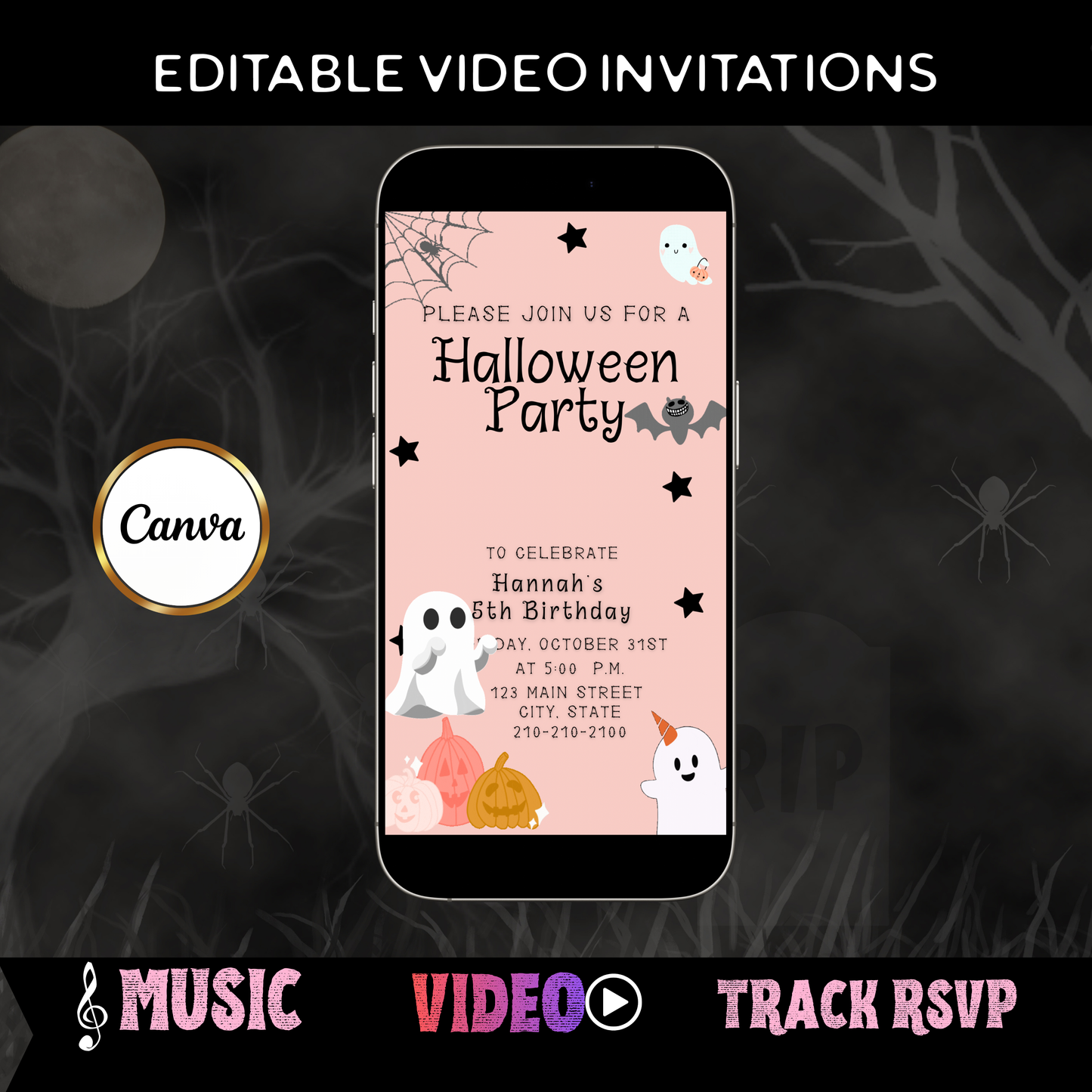 Halloween Video Invitation | Animated Halloween Digital Evite | Editable Canva Invite Template