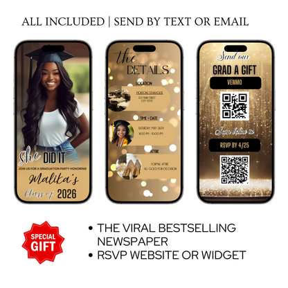 Gold Graduation Party Video Invitation | Digital Graduation Announcement Invite | Editable Canva Evite Template