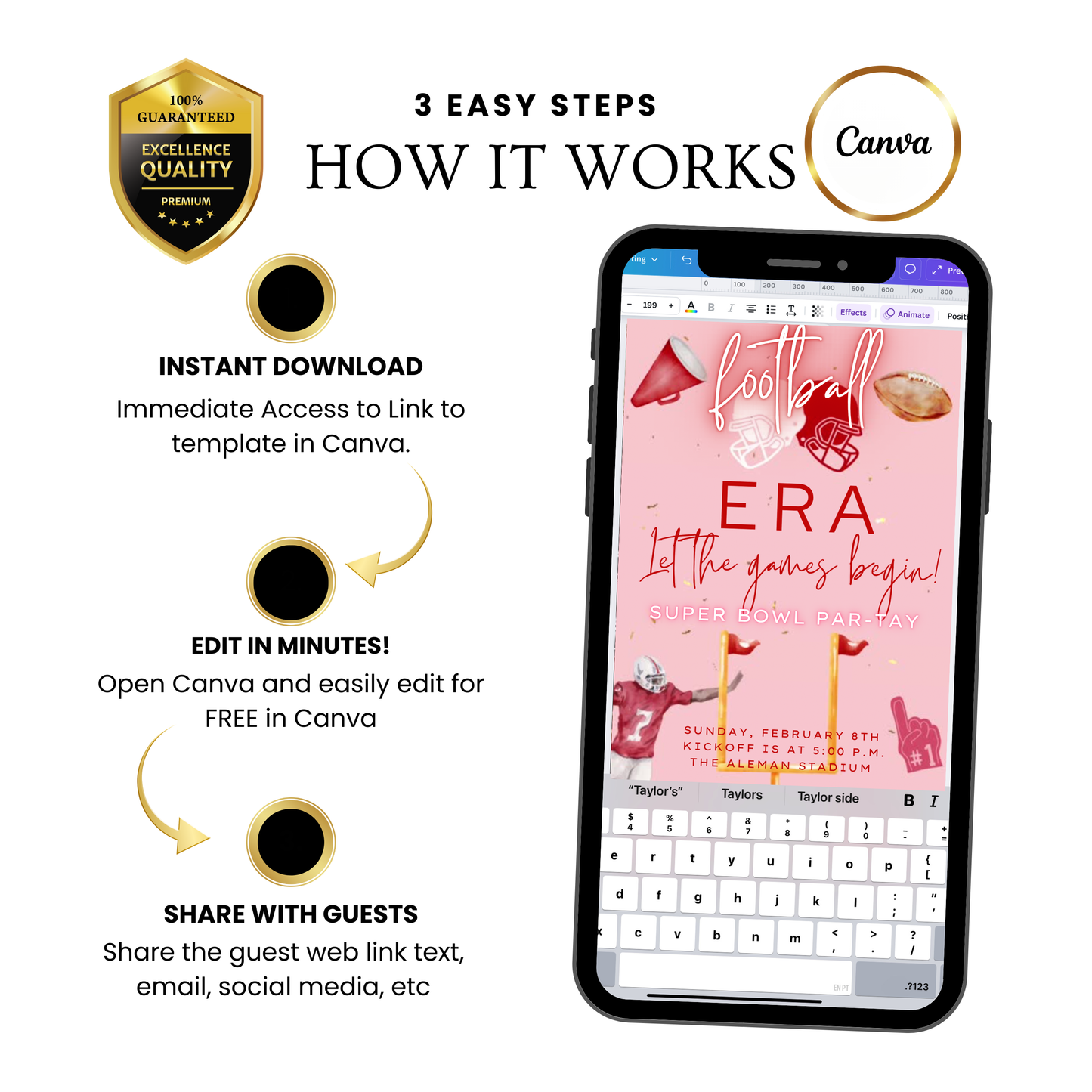 Pink Super Bowl Video Invitation | Digital Football Era Invite | Editable Canva Template