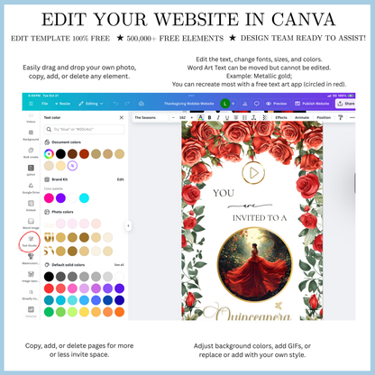 Einladung zur Quinceañera mit roten Rosen | Einladung zur Sweet 15/16 mit RSVP-Tracking | Canva-Vorlage