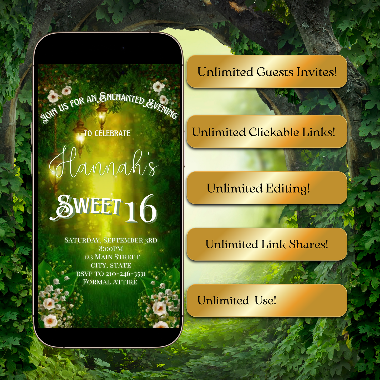 Enchanted Forest Video Invite | Animated Sweet 15 16 Save the Date Evite | Editable Canva Evite Template