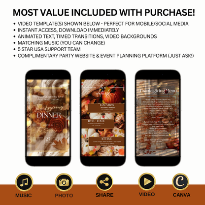 Thanksgiving Video Invitation, Animated Friendsgiving Digital Mobile Evite