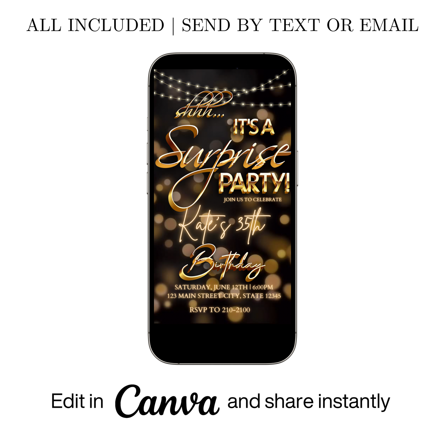 Surprise Birthday Video Invitation | Animated Gold Bokeh Digital Evite | Editable Canva Invite Template