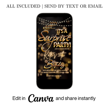 Surprise Birthday Video Invitation | Animated Gold Bokeh Digital Evite | Editable Canva Invite Template