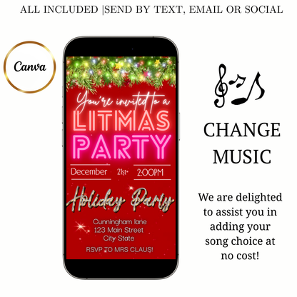 Editable Christmas Video Invitation | Animated Litmas Digital Evite | Editable Canva Invite Template