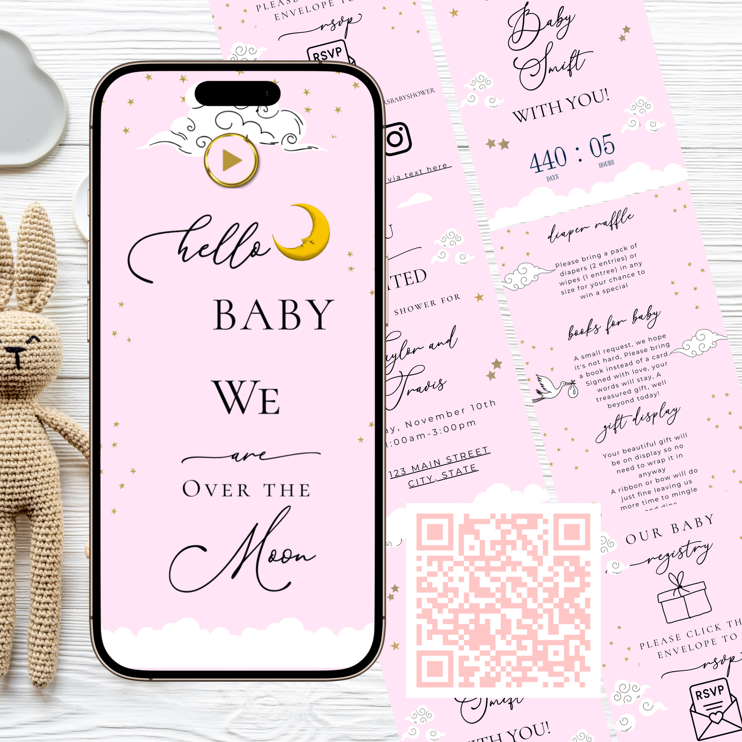 Over the Moon Baby Shower Mini Website | Canva Editable Template | Its a Girl Video Invite