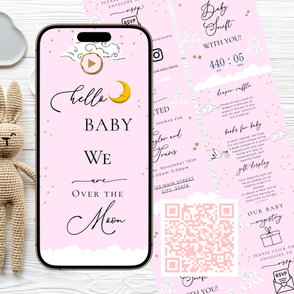 Over the Moon Baby Shower Mini Website | Canva Editable Template | Its a Girl Video Invite