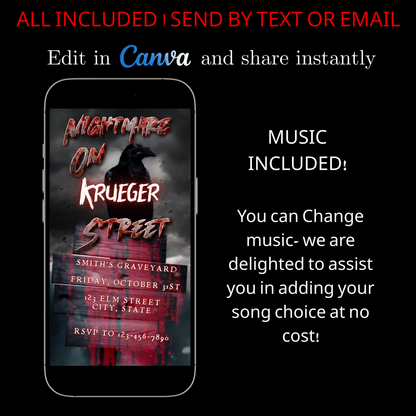 Halloween Video Invitation, Nightmare on Elm Street Animated Invite, Editable Halloween Party Mobile Evite