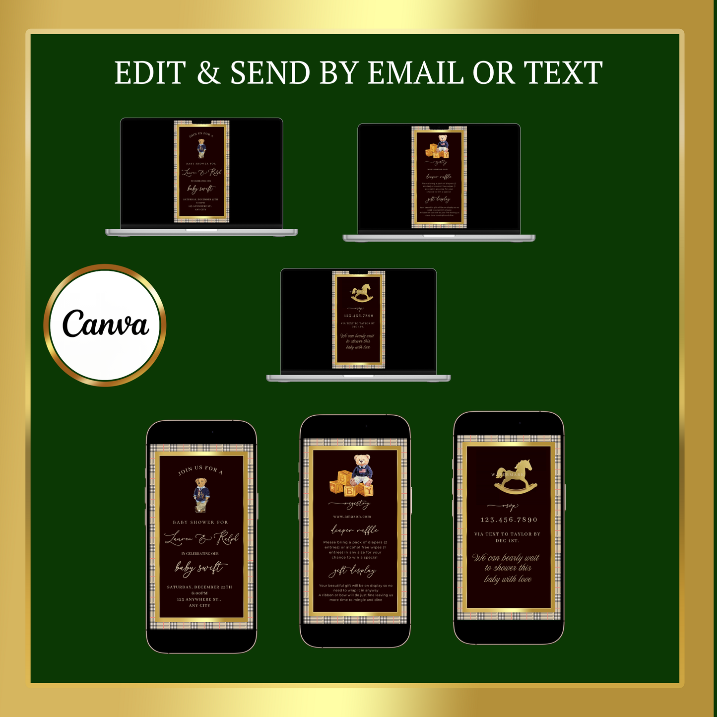 Polo Bear Baby Shower Video Invitation | Digital Ralph Lauren Plaid Invite | Editable Canva Template