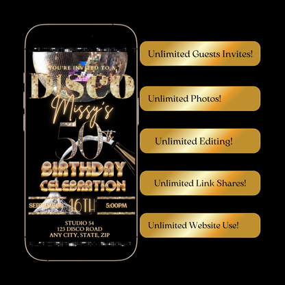 Editable Disco Video Invitation Template | Mobile Animated Invite 50th Birthday | Canva Video Evite Download