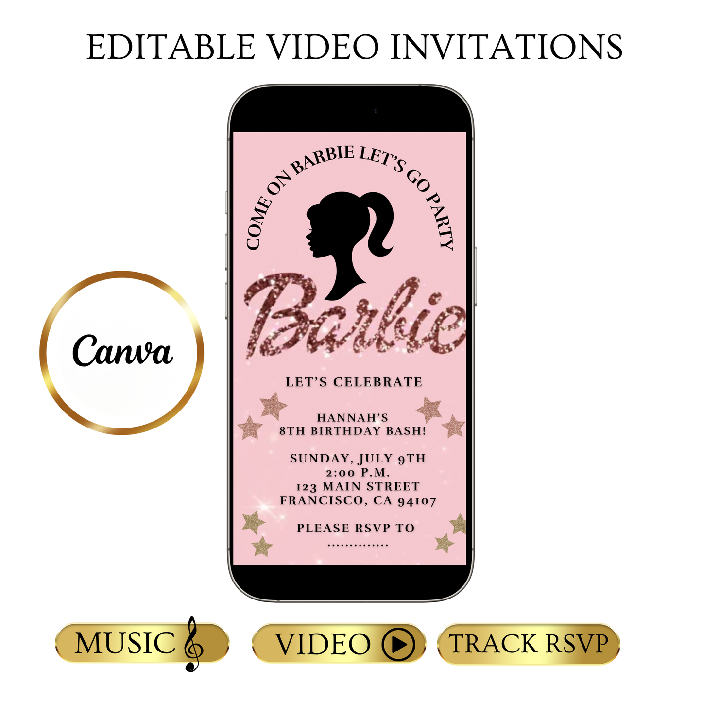 Bearbeitbare Barbie-Videoeinladung | Animierte digitale Einladung mit pinkfarbener Barbie | Bearbeitbare Canva-Einladungsvorlage