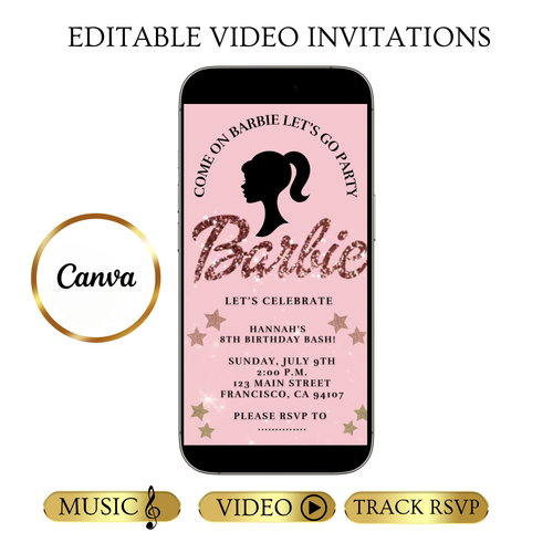 Bearbeitbare Barbie-Videoeinladung | Animierte digitale Einladung mit pinkfarbener Barbie | Bearbeitbare Canva-Einladungsvorlage