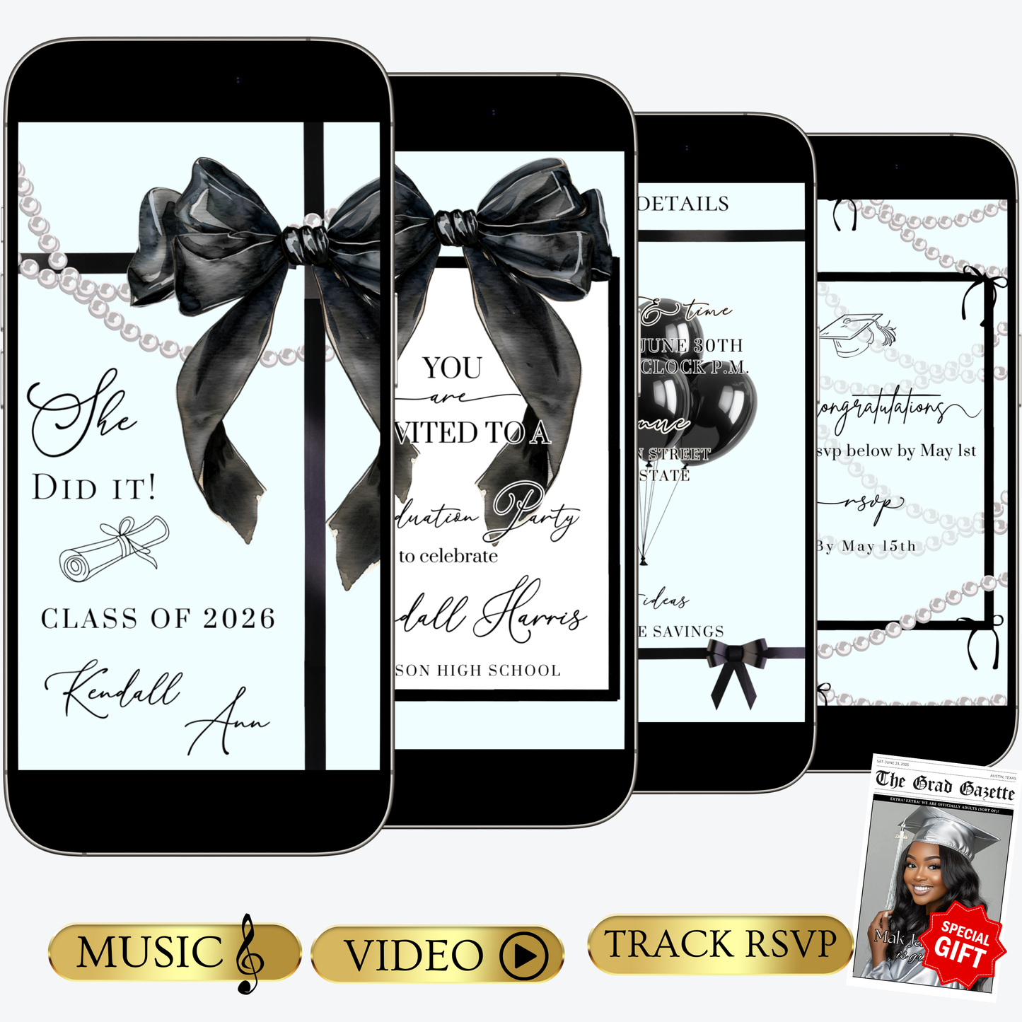 Graduation Party Video Invitation | Light Blue and Black Bow Graduation Invite for Her | Editable Online RSVP Evite Canva Template