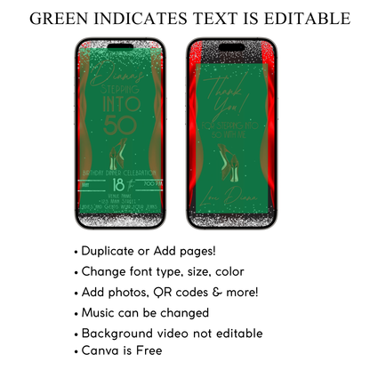 Stepping Into My Birthday Video Invite | Red Heel Birthday Digital Evite | Editable Canva Invite Template