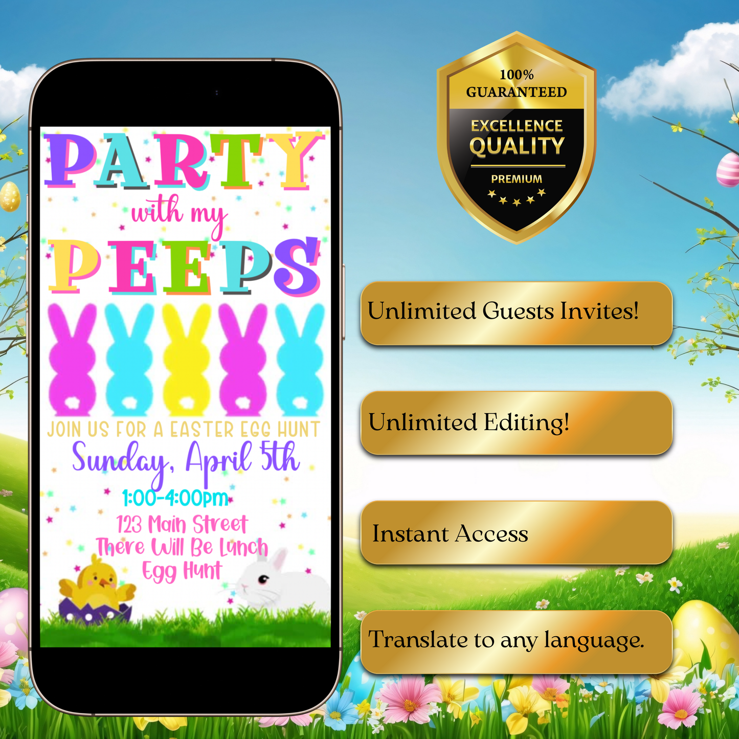 Easter Peeps Video Invitation, Party with my Peeps Animated Invite, Digital Canva Template