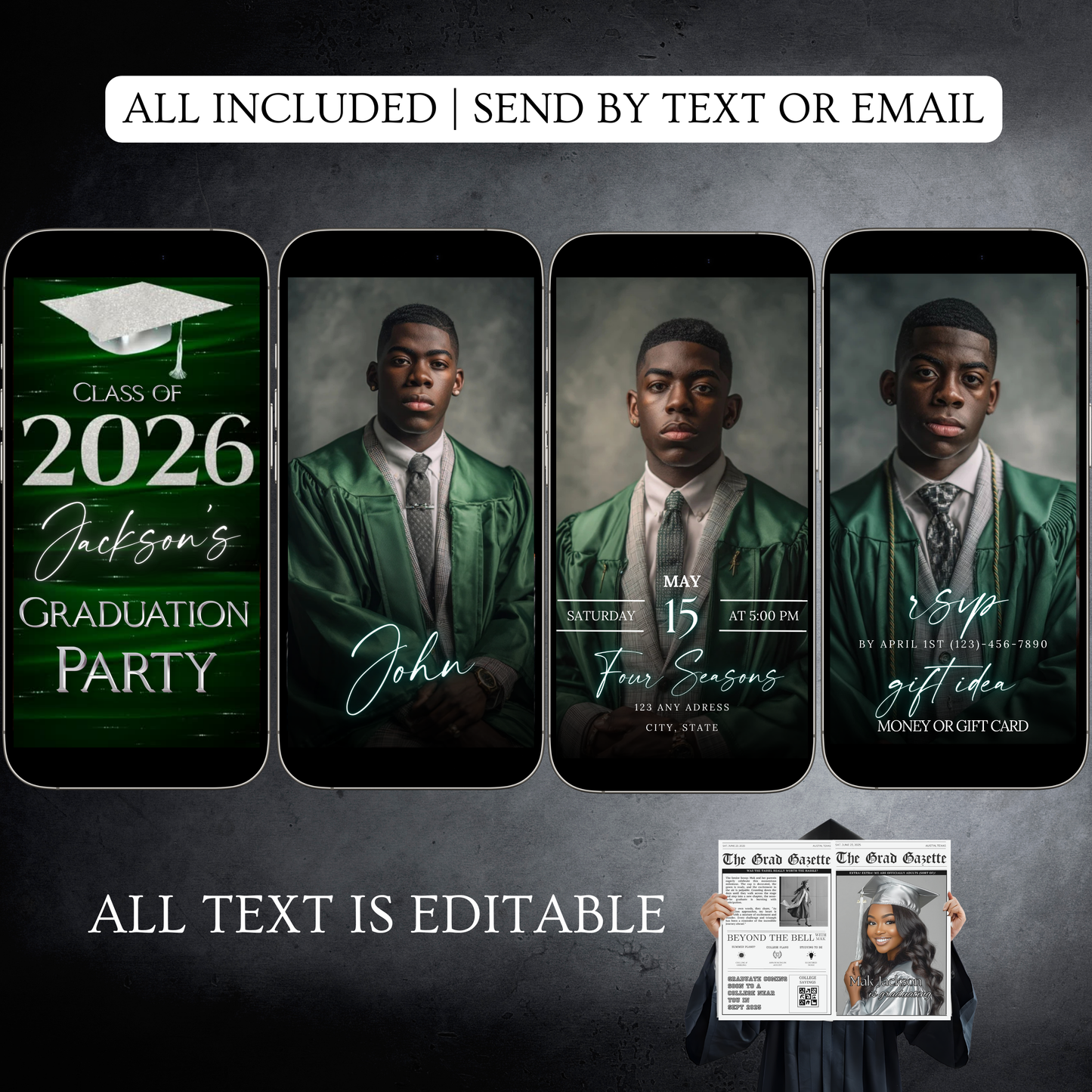 Graduation Party Video Invitation | Class of 2026 Green and Silver Invite for Him | Editable Online RSVP Evite Canva Template