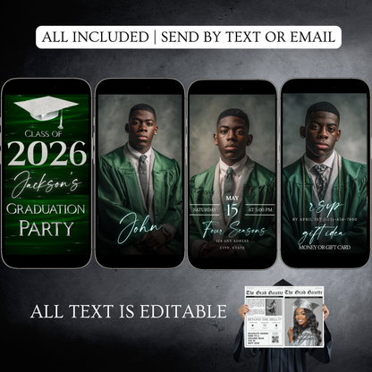 Graduation Party Video Invitation | Class of 2026 Green and Silver Invite for Him | Editable Online RSVP Evite Canva Template