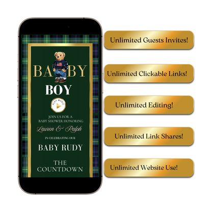 Polo Bear Ralph Lauren Baby Shower Website Invite | Animated Bearly Wait Baby Shower Invite with Rsvp tracking