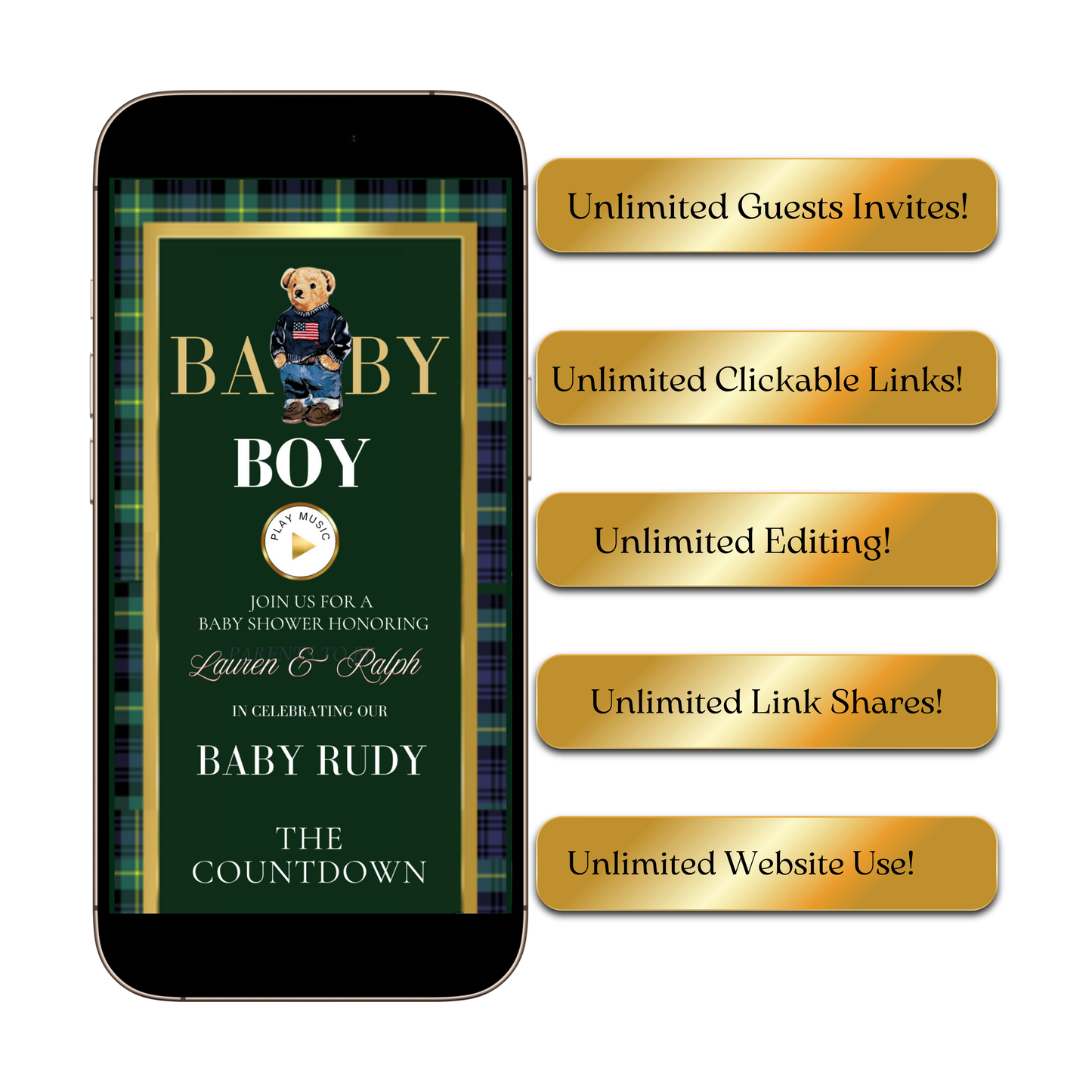Polo Bear baby shower interactive website invitation featuring preppy green and navy plaid, gold accents, and animated bear graphics. Includes RSVP button, countdown timer, diaper raffle, books for baby, registry links, and event details. Fully editable Canva template optimized for mobile viewing. Perfect for luxury baby boy showers and preppy Ralph Lauren–inspired celebrations.
