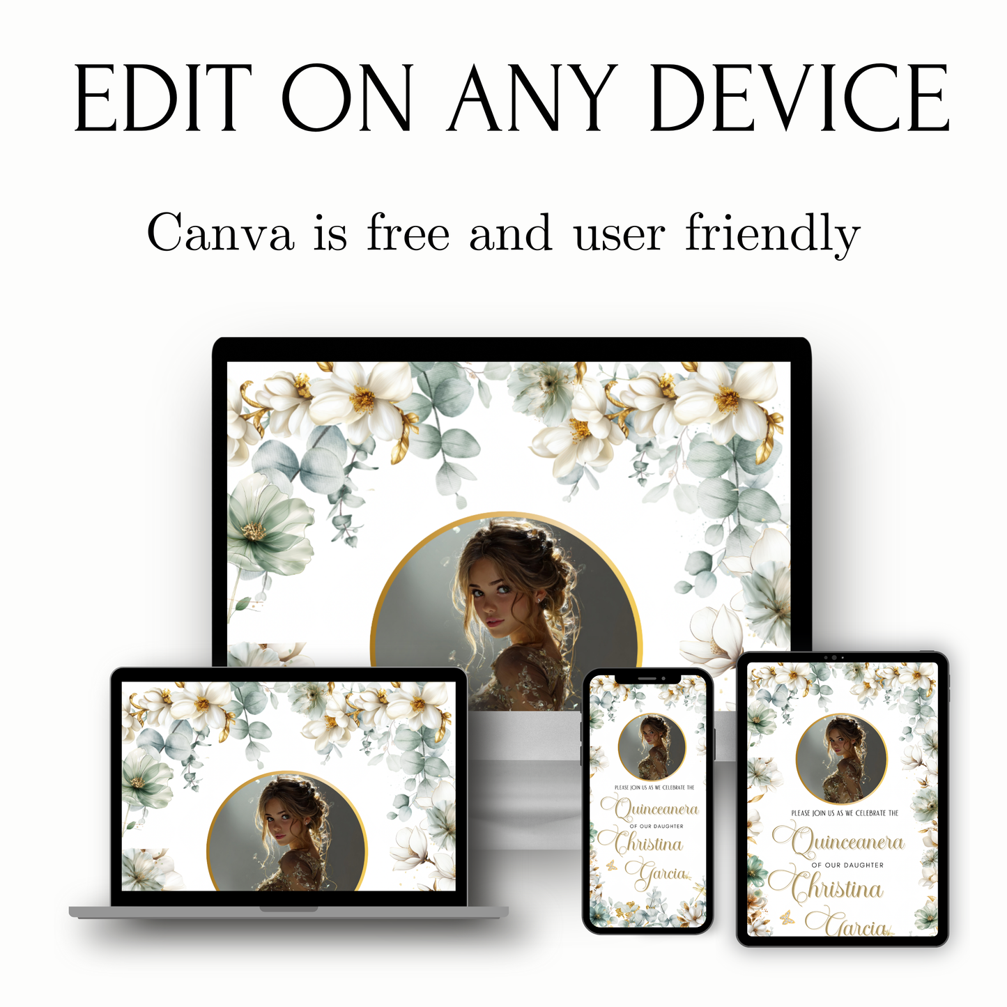 Sage Quinceañera Invitation | Princess Video Invite | Green Sweet 16 Evite | Editable Canva Template