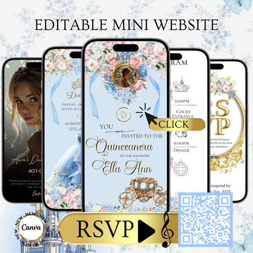 Cinderella Quinceanera Website Invite |  Sweet 15 16 Evite RSVP tracker Video Invitation | Canva Template