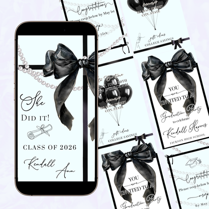 Graduation Party Video Invitation | Light Blue and Black Bow Graduation Invite for Her | Editable Online RSVP Evite Canva Template