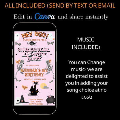 Halloween-Videoeinladung, animierte Halloween-Einladung in Pink, bearbeitbare mobile Halloween-Party-Einladung