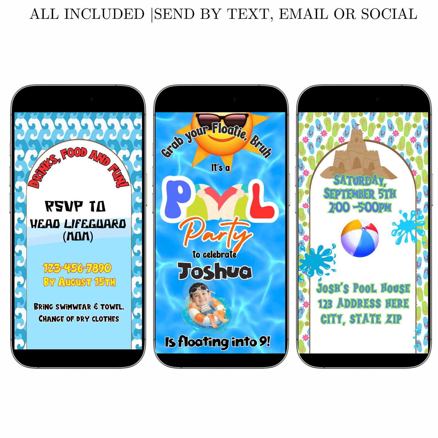 Pool Party Video Invitation | Digital Boy Birthday Invite | Editable Canva Evite Template