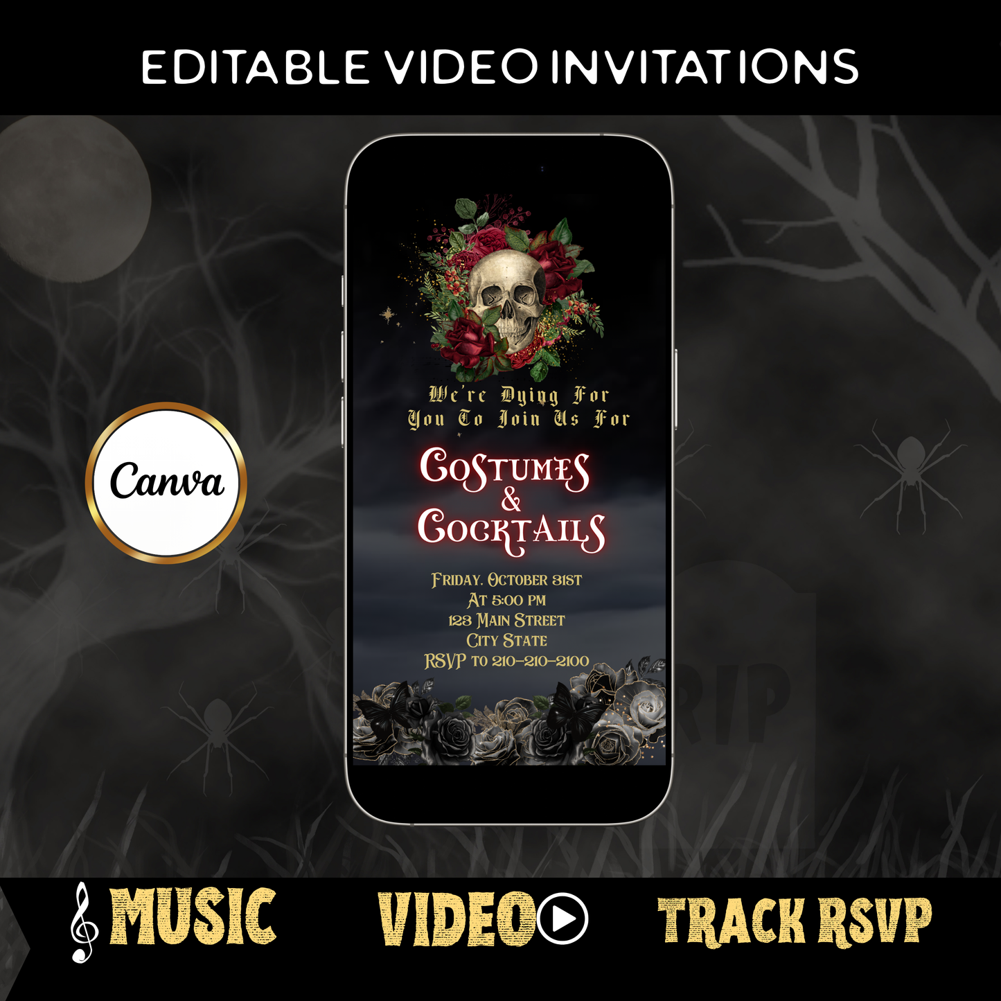 Halloween-Videoeinladung | Animierte digitale Halloween-Einladung | Bearbeitbare Canva-Einladungsvorlage