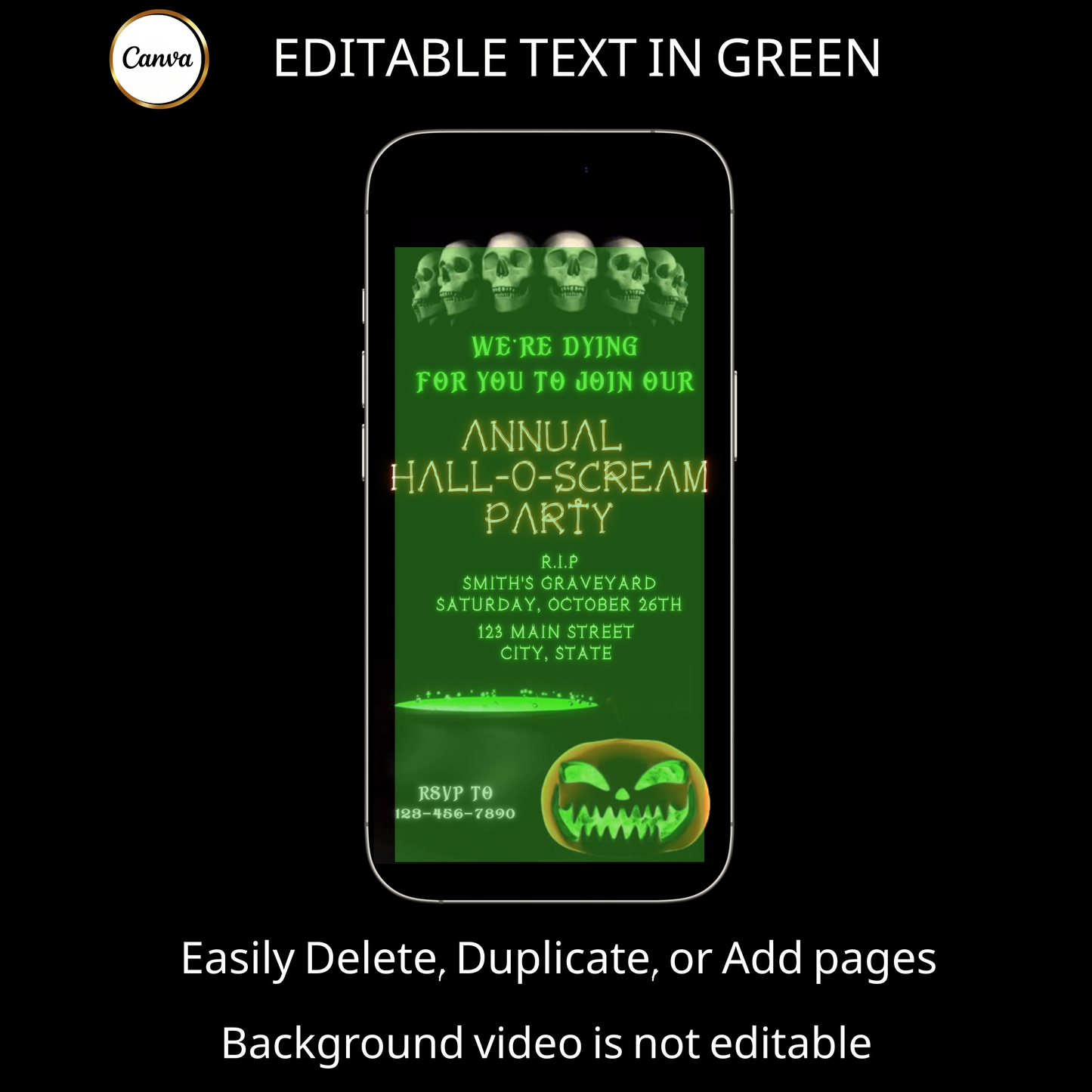 Halloween-Videoeinladung, animierte Einladung mit Totenköpfen und Skeletten, bearbeitbare mobile Einladung zur Halloween-Party