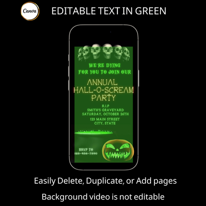 Halloween-Videoeinladung, animierte Einladung mit Totenköpfen und Skeletten, bearbeitbare mobile Einladung zur Halloween-Party