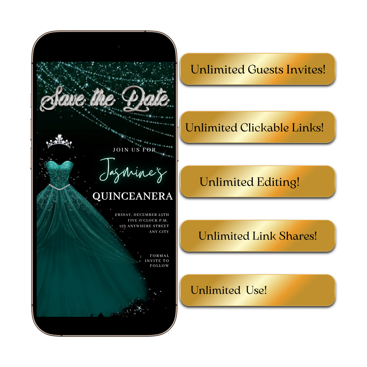 Teal Green Quinceanera Video Invite | Sweet 15 16 Quince RSVP Tracker | Editable Save the Date Canva Evite Template