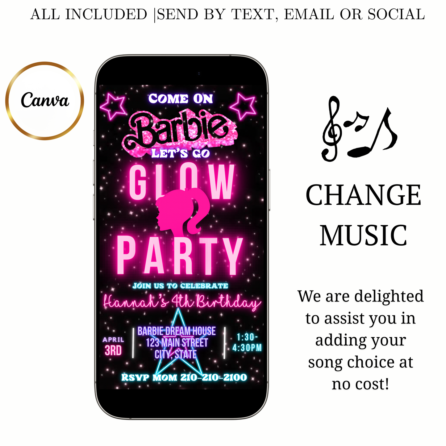 Editable Barbie Video Invitation | Animated Pink Barbie Digital Evite | Editable Canva Invite Template