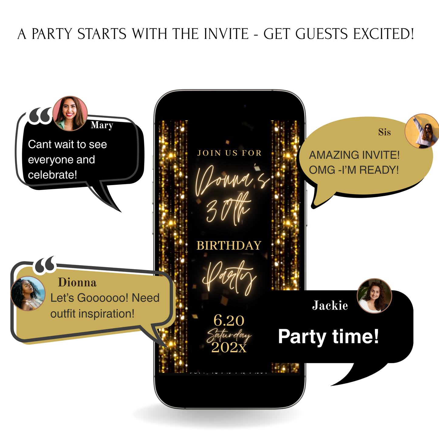 Gold Birthday Dinner Video Invitation | Digital Luxe Birthday Mobile Invite | Editable Animated Gold Glitter