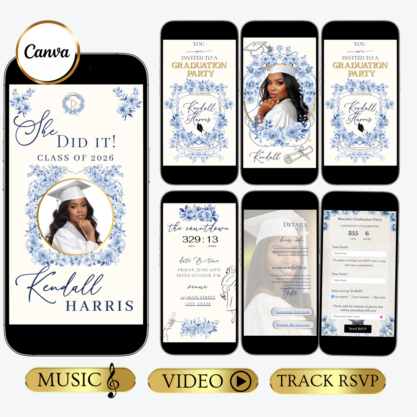 Einladung zur Abschlussfeier 2026 | Canva-Vorlage für Antwortmöglichkeit mit Musik | Blaues Blumenmuster für sie