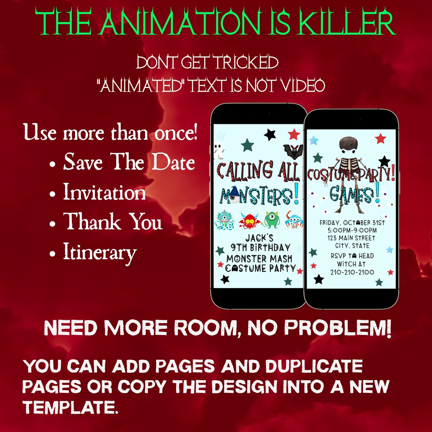 Halloween-Videoeinladung, animierte Monster-Mash-Einladung, bearbeitbare mobile Halloween-Party-Einladung