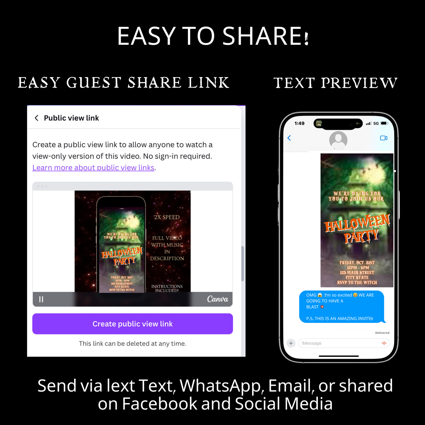Halloween-Videoeinladung, animierte Einladung zum Spukhaus, bearbeitbare mobile Halloween-Partyeinladung