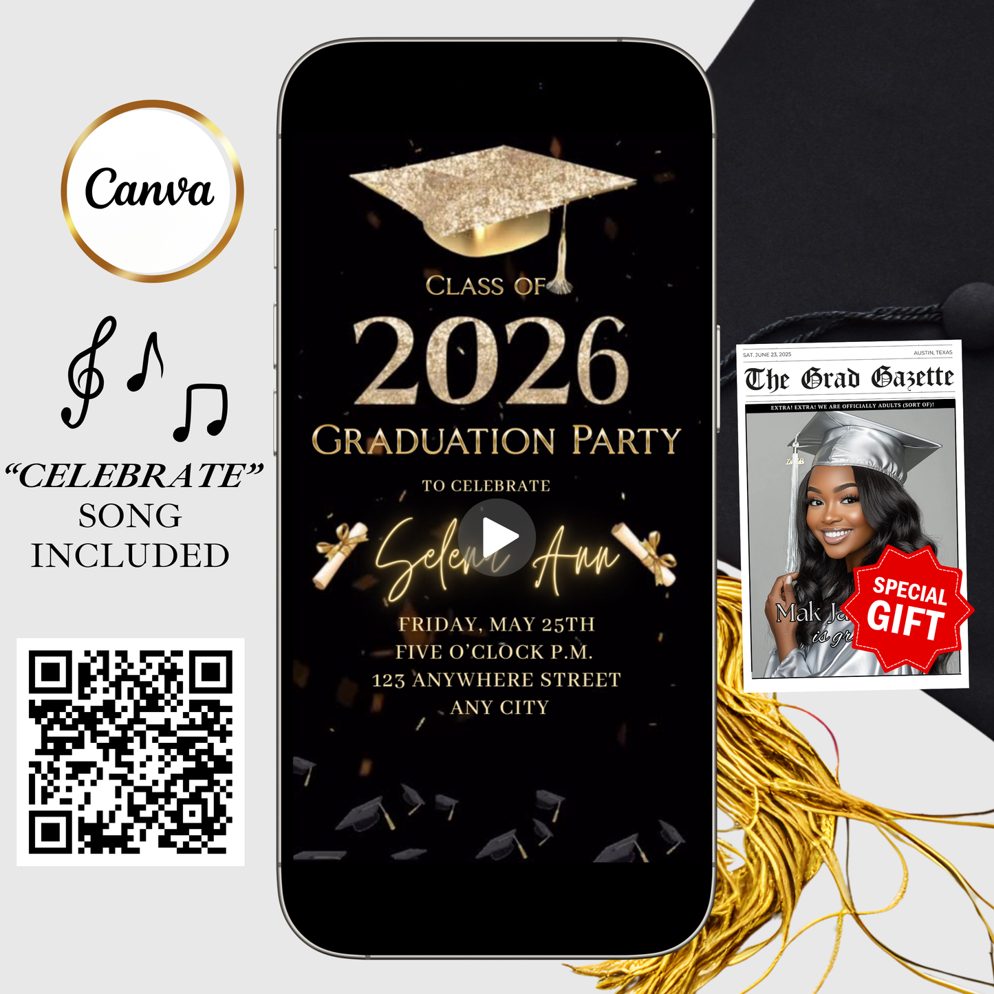 Graduation Party Video Invitation | Digital Gold Graduate Invite | Editable Canva Template