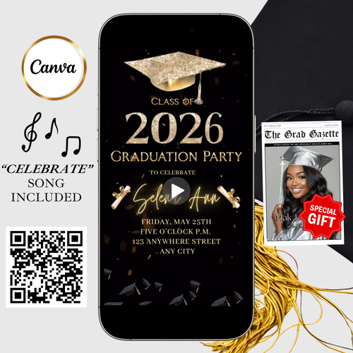 Graduation Party Video Invitation | Digital Gold Graduate Invite | Editable Canva Template