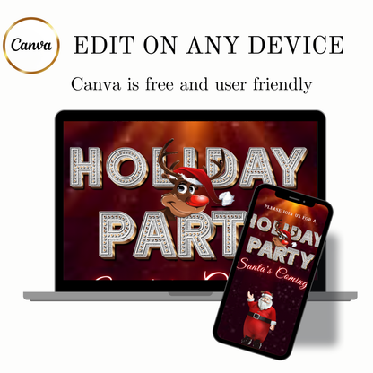 Editable Christmas Video Invitation | Animated Santa Digital Evite | Editable Canva Invite Template