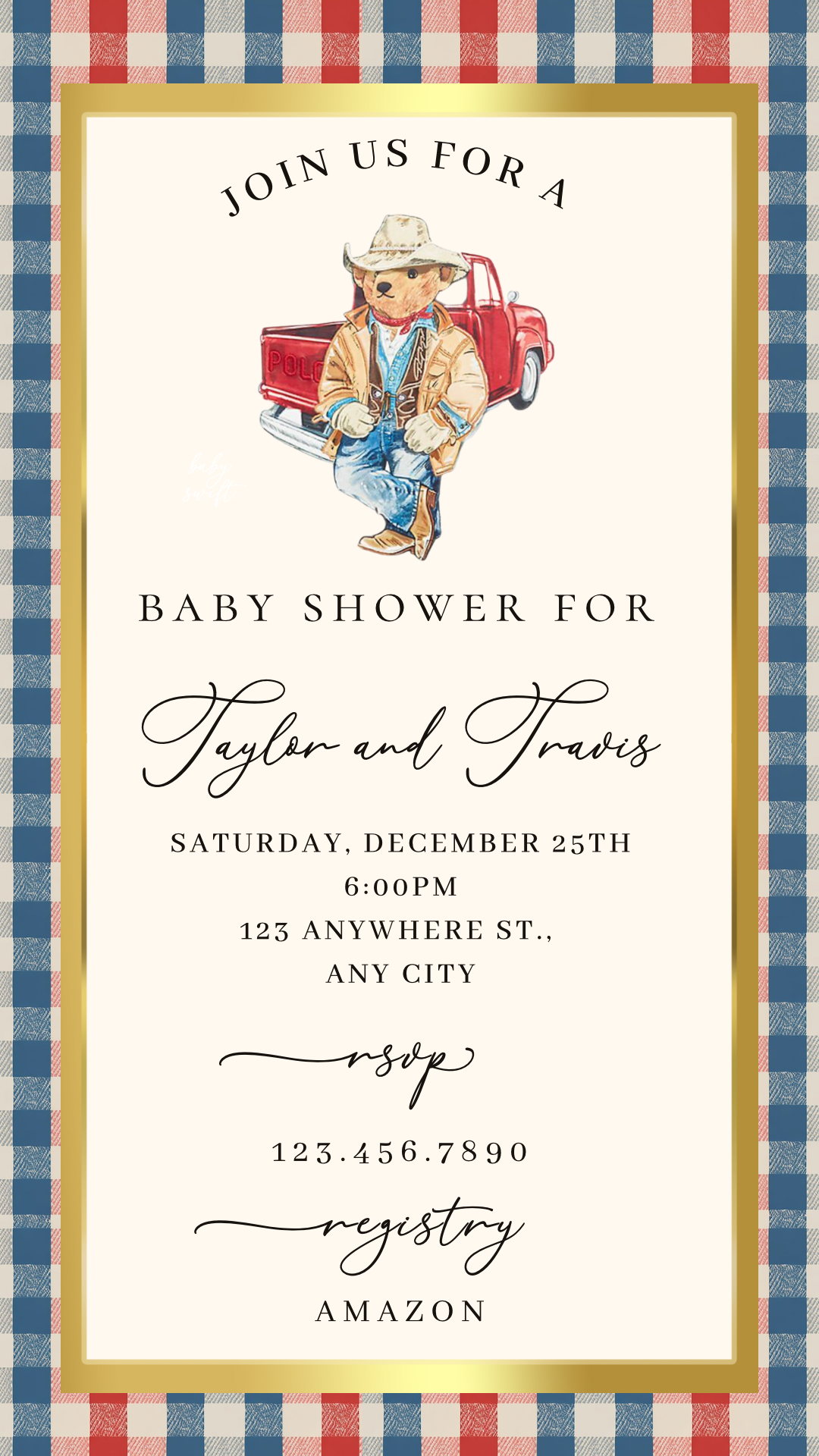 Western Polo Bear Baby Shower Video Invitation | Digital Preppy Plaid Invite | Editable Canva Template