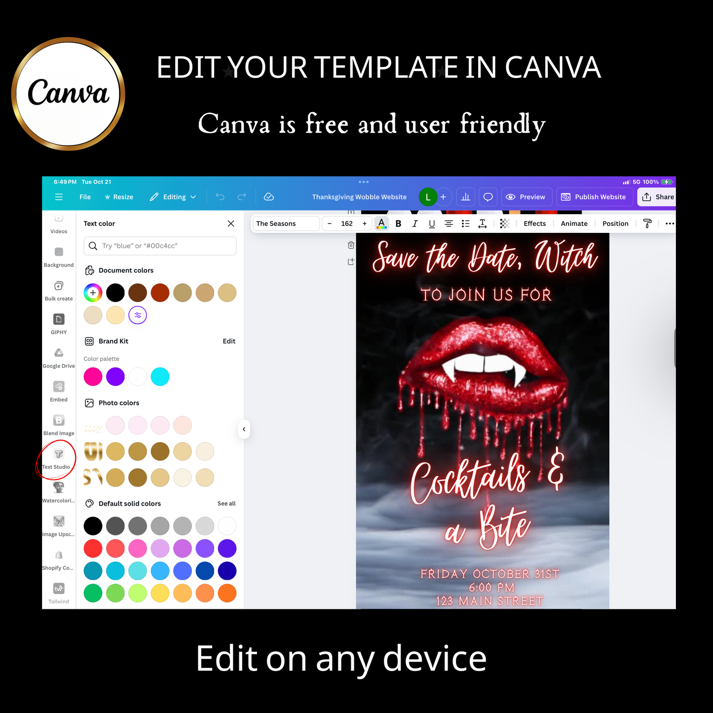 Halloween-Videoeinladung, animierte Einladung mit Vampirlippen, bearbeitbare mobile Halloween-Party-Einladung