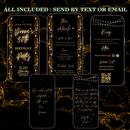 Gold Birthday Dinner Video Invitation | Digital Luxe Birthday Mobile Invite | Editable Animated Gold Glitter