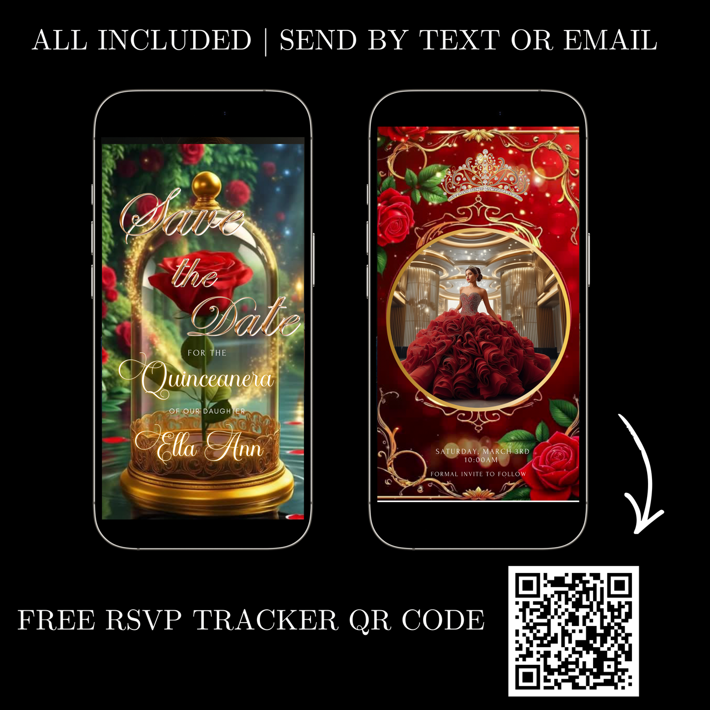 Beauty and the Beast Red Rose Video Invite | Digital Princess Quinceanera Invite | Editable Canva Evite Template