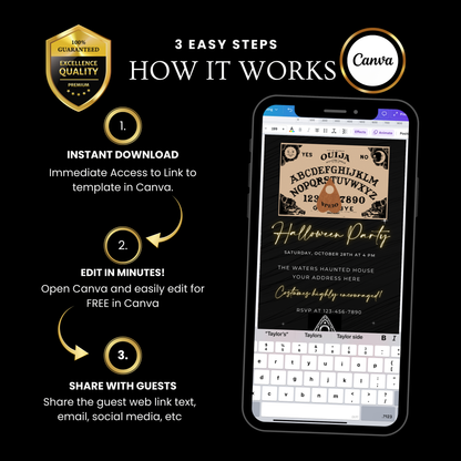 Halloween-Videoeinladung, animierte Einladung mit Ouija-Brett, bearbeitbare mobile Einladung zur Halloween-Party