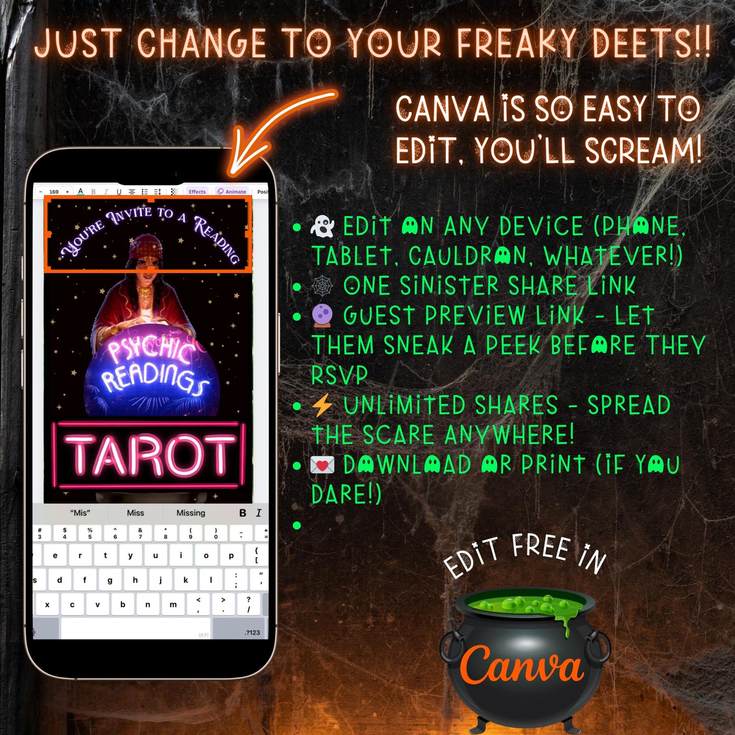 Halloween-Videoeinladung, animierte Einladung mit Tarot-Wahrsager, bearbeitbare mobile Einladung zur Halloween-Party