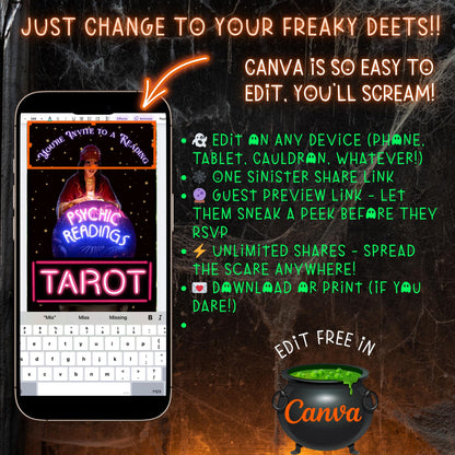 Halloween-Videoeinladung, animierte Einladung mit Tarot-Wahrsager, bearbeitbare mobile Einladung zur Halloween-Party