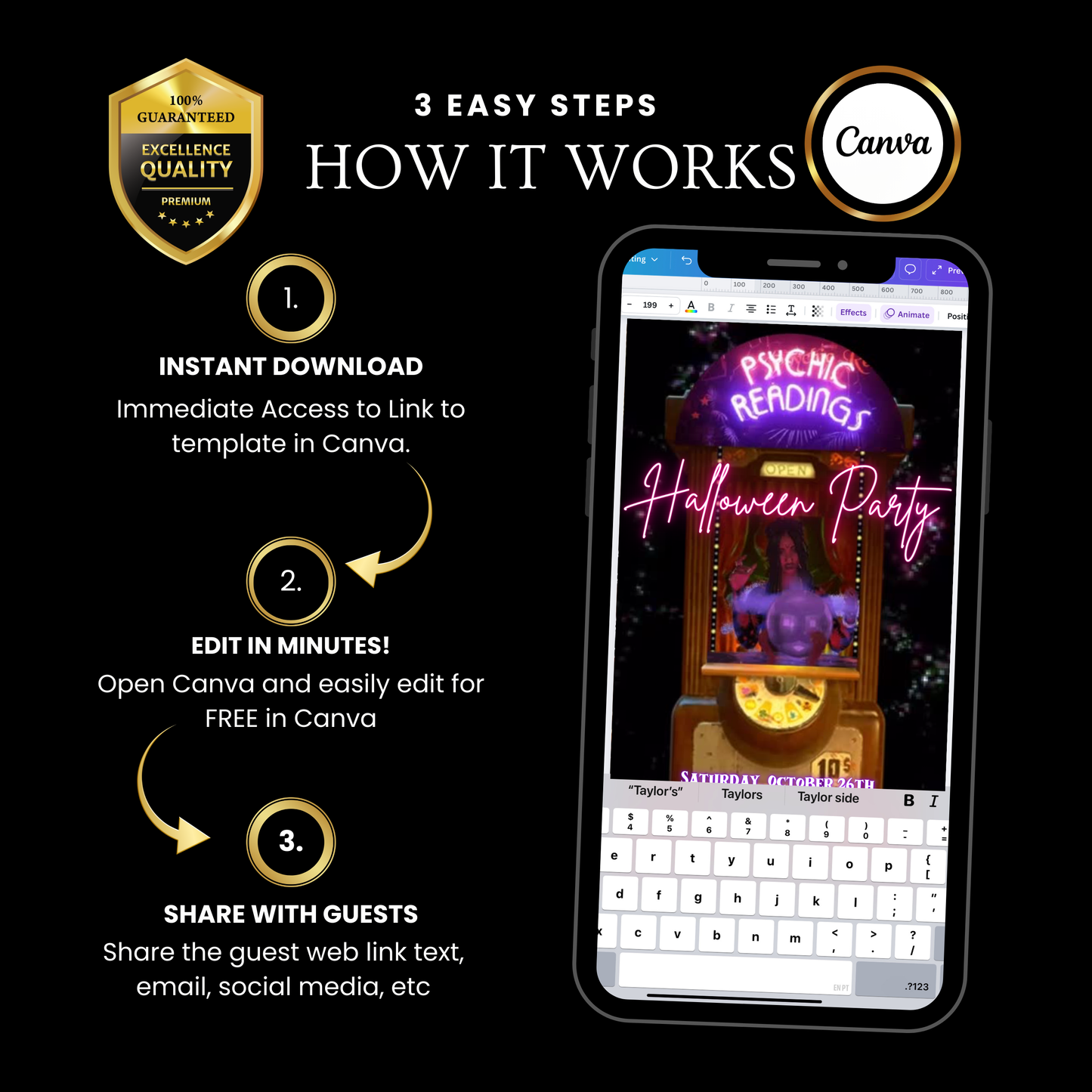 Halloween-Videoeinladung, animierte Einladung mit Wahrsager-Motiv, bearbeitbare mobile Einladung zur Halloween-Party