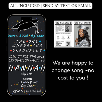 Friends Graduation Party Video Invitation | Digital Graduation Announcement Invite | Editable Canva Evite Template
